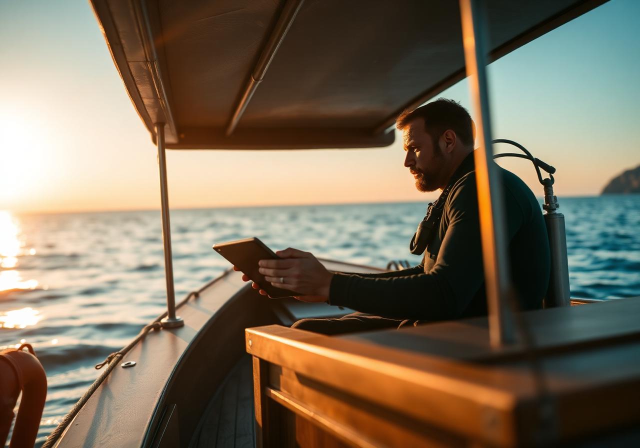 Instructor checking morning briefing on tablet at sunrise